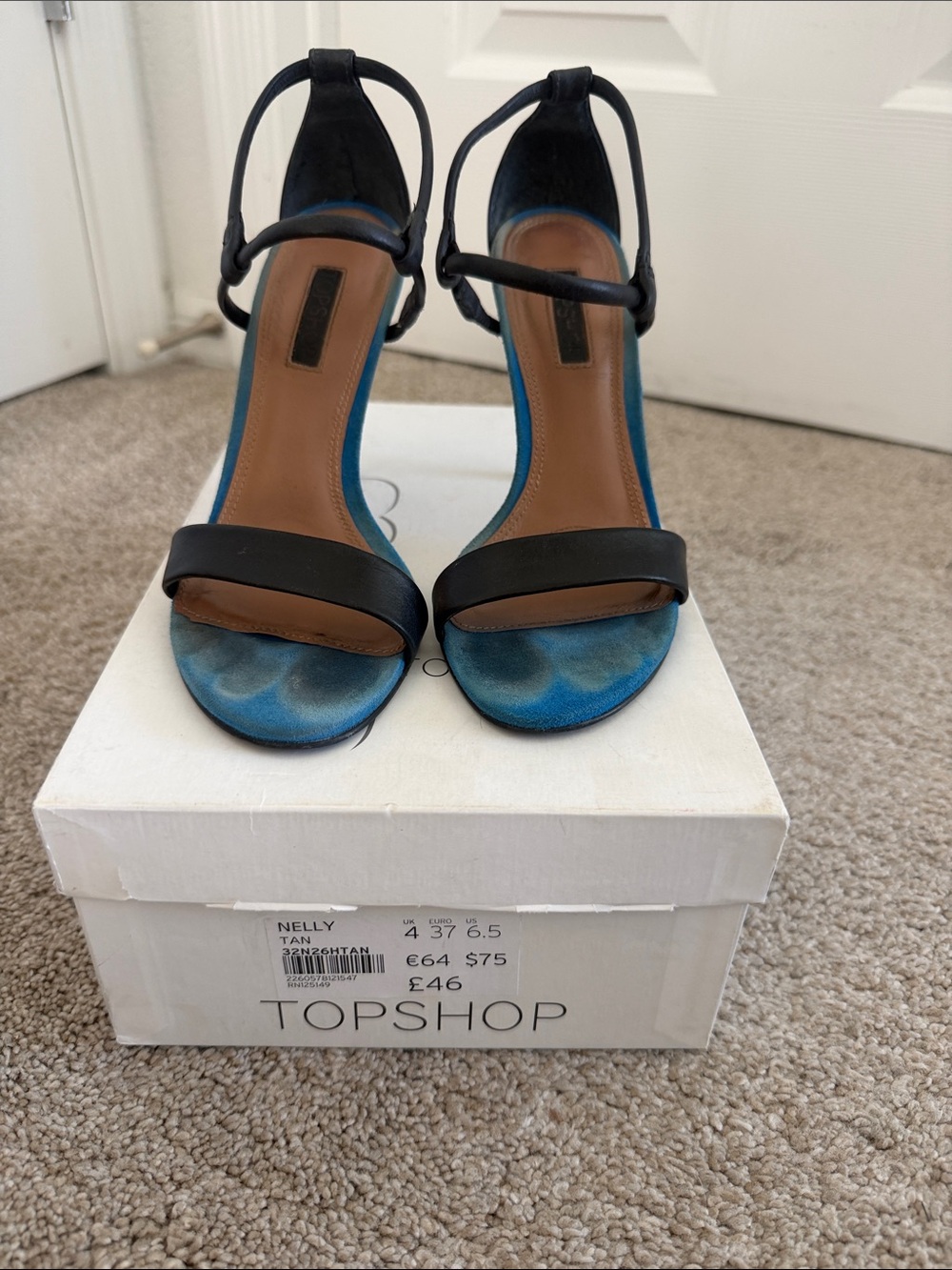 Topshop Black Strap Heels with Blue Footbed